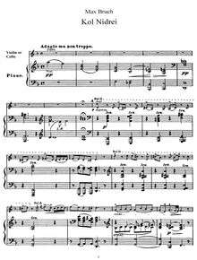 Partition violoncelle et partition de piano, partition de violoncelle, Kol Nidrei