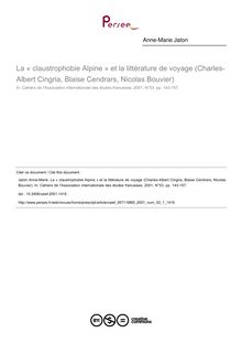 La « claustrophobie Alpine » et la littérature de voyage (Charles-Albert Cingria, Blaise Cendrars, Nicolas Bouvier) - article ; n°1 ; vol.53, pg 143-157