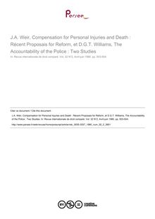 J.A. Weir, Compensation for Personal Injuries and Death : Récent Proposais for Reform, et D.G.T. Williams, The Accountability of the Police : Two Studies - note biblio ; n°2 ; vol.32, pg 503-504
