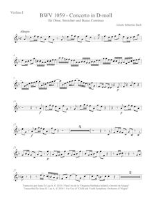 Partition violons I, clavecin Concerto, D minor, Bach, Johann Sebastian