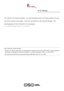 W. Stern et Helen Keller, Le développement et l éducation d une sourd-muette aveugle, comme problème de psychologie, de pédagogie et de théorie du langage - compte-rendu ; n°1 ; vol.12, pg 522-523
