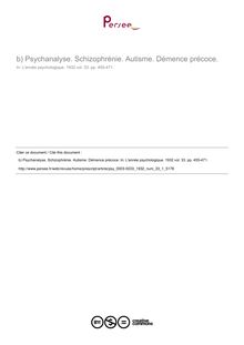 Psychanalyse. Schizophrénie. Autisme. Démence précoce. - compte-rendu ; n°1 ; vol.33, pg 455-471