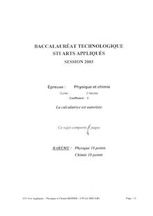 Physique - Chimie 2003 S.T.I (Arts Appliqués) Baccalauréat technologique
