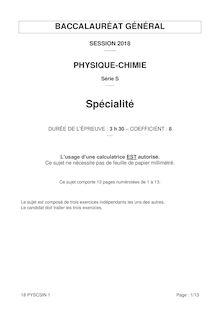 Bac Pondichéry 2018 - Série S - Physique-Chimie spécialité