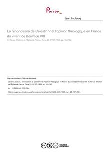 La renonciation de Célestin V et l opinion théologique en France du vivant de Boniface VIII - article ; n°107 ; vol.25, pg 183-192