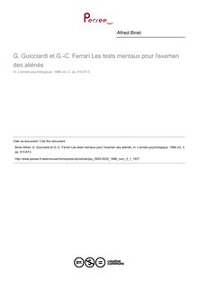 G. Guicciardi et G.-C. Ferrari Les tests mentaux pour l examen des aliénés - compte-rendu ; n°1 ; vol.3, pg 610-613