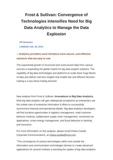 Frost & Sullivan: Convergence of Technologies Intensifies Need for Big Data Analytics to Manage the Data Explosion