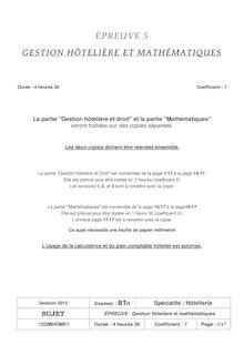 Sujet du bac serie Hotellerie 2012: Gestion hôtelière et mathématiques