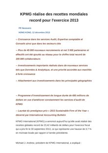 KPMG réalise des recettes mondiales record pour l exercice 2013