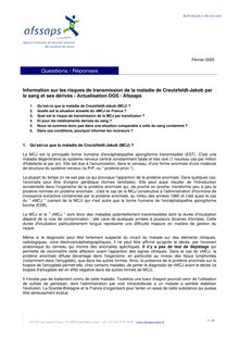 Informations sur les risques de transmission de la maladie de Creutzfeldt:Jakob par le sang et ses dérivés : actualisation DGS/Agence 28/02/2005   : Questions/réponses