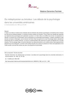 Du métaphysicien au bricoleur. Les débuts de la psychologie dans les universités américaines - article ; n°1 ; vol.54, pg 241-261