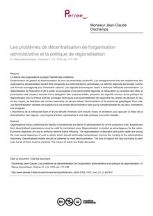 Les problèmes de décentralisation de l organisation administrative et la politique de régionalisation - article ; n°2 ; vol.21, pg 177-198