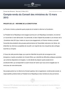 Communiqué de presse de l Elysée: Le conseil des ministres du 13 mars 2013