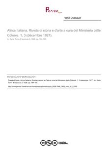 Africa Italiana, Rivista di storia e d arte a cura del Ministerio delle Colonie, 1, 3 (décembre 1927).  ; n°2 ; vol.9, pg 164-165