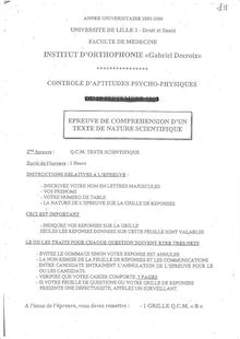 QCM Compréhension d un texte scientifique 2003 Institut d Orthophonie Gabriel Decroix Université Lille 2