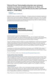 Filtrona Porous Technologies présentera ses nouveaux produits en mousse de qualité médicale et en fibres non tissées uniques pour zones stériles lors du salon commercial MEDICA / COMPAMED