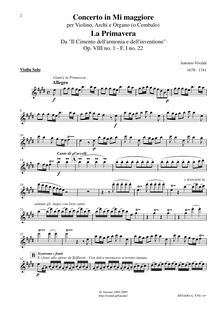 Partition violon Solo, violon Concerto en E major, RV 269, La primavera (Spring) from Le quattro stagioni (The Four Seasons)