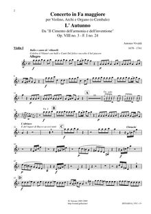 Partition violons I, violon Concerto en F major, RV 293, L autumno (Autumn) from Le quattro stagioni (The Four Seasons) par Antonio Vivaldi