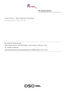 Jules Ferry : des repères brouillés - article ; n°1 ; vol.72, pg 141-158