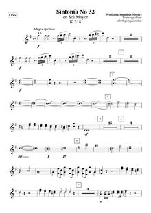 Partition hautbois 1, 2, Symphony No.32, Overture, G major, Mozart, Wolfgang Amadeus
