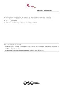 Colloque Sociedade, Cultura e Política no fim do século — CE.S, Coimbra  ; n°1 ; vol.6, pg 148-150