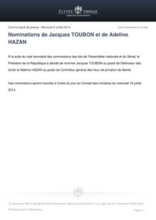 Nomination de Jacques TOUBON  - Communiqué de l Elysée