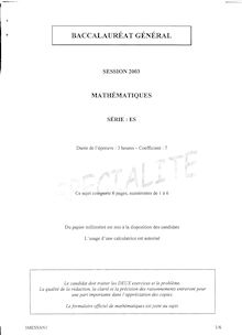 Mathématiques Spécialité 2003 Sciences Economiques et Sociales Baccalauréat général