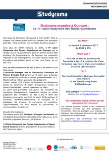 Studyrama organise le 11e salon des Études Supérieures à Quimper le samedi 2 décembre 2017