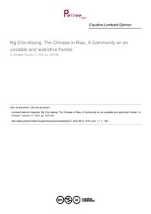 Ng Chin-Keong, The Chinese in Riau, A Community on an unstable and restrictive frontier  ; n°1 ; vol.17, pg 185-186