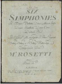 Partition hautbois 1, 2; flûte 1, 2, 6 Simphonies a 2 Violons, 2 Altos et Basse, 2 Hautbois, 2 Cors