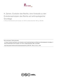 H. Zemen, Evolution des Rechts, eine Vorstudie zu den Evolutionsprinzipien des Rechts auf anthropologischer Grundlage - note biblio ; n°4 ; vol.36, pg 905-906