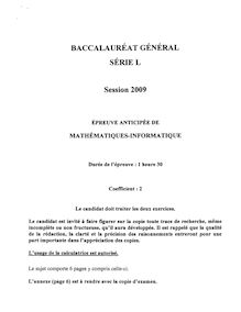 Baccalauréat Général - Série L  -  Epreuve Mathématiques-Informatique - (Session 2009)