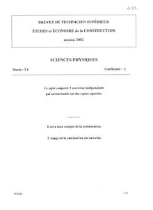Sciences physiques 2002 BTS Étude et économie de la construction