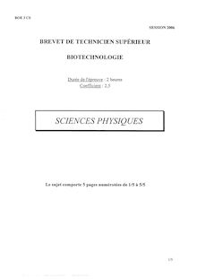 Sciences physiques 2006 BTS Biotechnologie