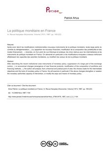 La politique monétaire en France - article ; n°3 ; vol.2, pg 165-223