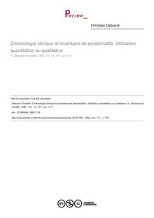 Criminologie clinique et inventaire de personnalité. Utilisation quantitative ou qualitative - article ; n°1 ; vol.13, pg 1-21