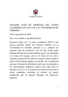 Apertura del curso académico 2010-2011: discurso del rector