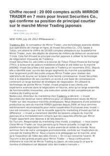 Chiffre record : 20 000 comptes actifs MIRROR TRADER en 7 mois pour Invast Securities Co., qui confirme sa position de principal courtier sur le marché Mirror Trading japonais