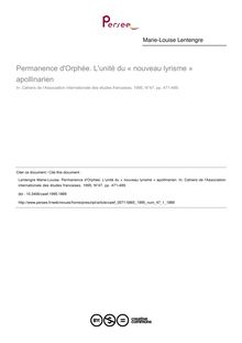 Permanence d Orphée. L unité du « nouveau lyrisme » apollinarien - article ; n°1 ; vol.47, pg 471-489