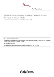 Histoire de Simon Kimbangu, prophète, d après les écrivains Nfinangani et Nzungu (1921) - article ; n°1 ; vol.31, pg 15-42