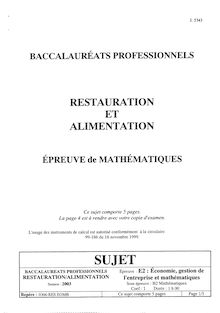 Mathématiques 2003 Bac Pro - Restauration