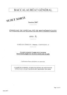 Mathématiques Spécialité 2007 Littéraire Baccalauréat général