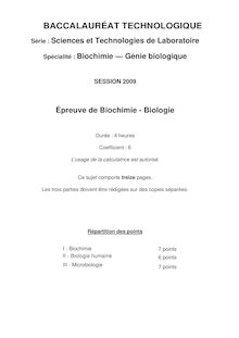 Corrige BAC TECHNOLOGIQUE Biochimie biologie 2009 STLBIO