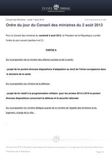 Ordre du jour du Conseil des ministres du 2 août 2013