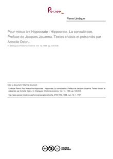 Pour mieux lire Hippocrate : Hippocrate, La consultation. Préface de Jacques Jouanna. Textes choisis et présentés par Armelle Debru.  ; n°1 ; vol.12, pg 535-536