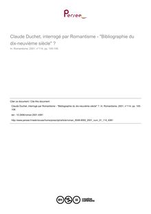 Claude Duchet, interrogé par Romantisme - Bibliographie du dix-neuvième siècle ? - article ; n°114 ; vol.31, pg 105-108