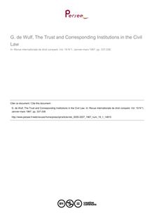 G. de Wulf, The Trust and Corresponding Institutions in the Civil Law - note biblio ; n°1 ; vol.19, pg 337-338