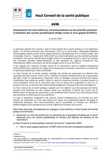 Recommandations sur les priorités sanitaires d’utilisation des vaccins pandémiques dirigés contre le virus grippal AH1N1v : Haut Conseil de la santé publique 02/10/2009