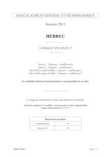 HÉBREU  LANGUE VIVANTE 2 - BACCALAURÉAT GÉNÉRAL ET TECHNOLOGIQUE (Session 2011)