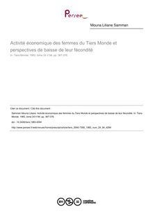 Activité économique des femmes du Tiers Monde et perspectives de baisse de leur fécondité - article ; n°94 ; vol.24, pg 367-376